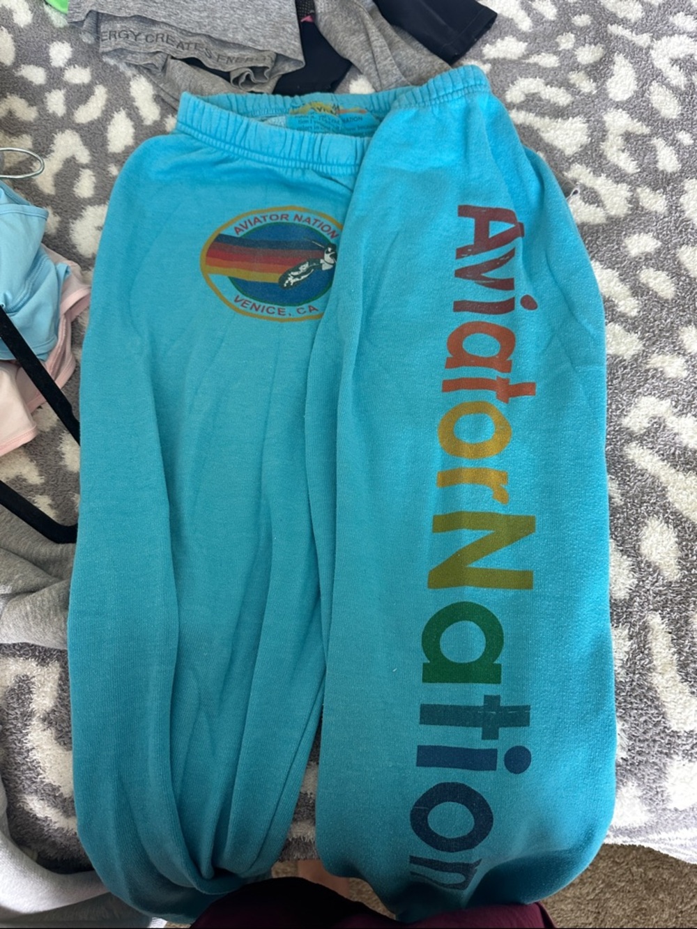Aviator Nation Teal Sweatpants with Rainbow Logo